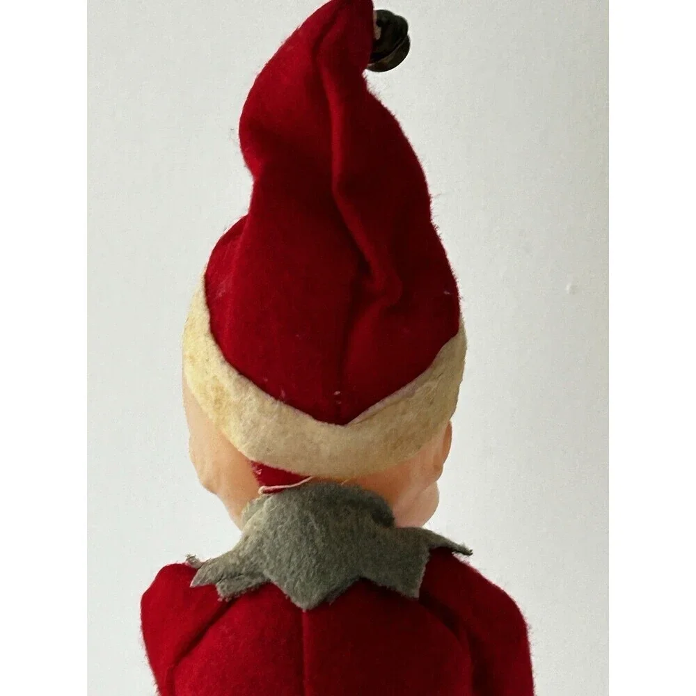 Vintage Pixie Elf Knee Hugger Felt Red Jingle Bell Shelf Sitter Retro Holidays